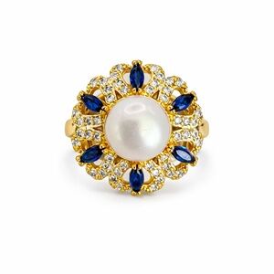 Pearl and Blue Crystal Flower Ring